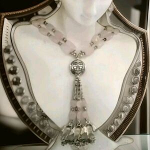 Genuine Rose Quartz Beaded Boho Silver Tassel Necklace